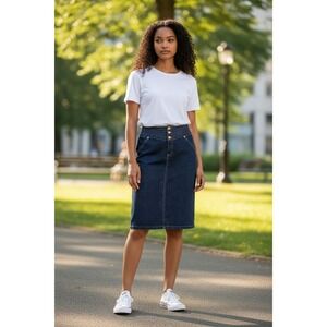 Y2K High Waist‎ Denim Pencil Skirt Women's Dark Wash Gold Button Vintage  SZ 7